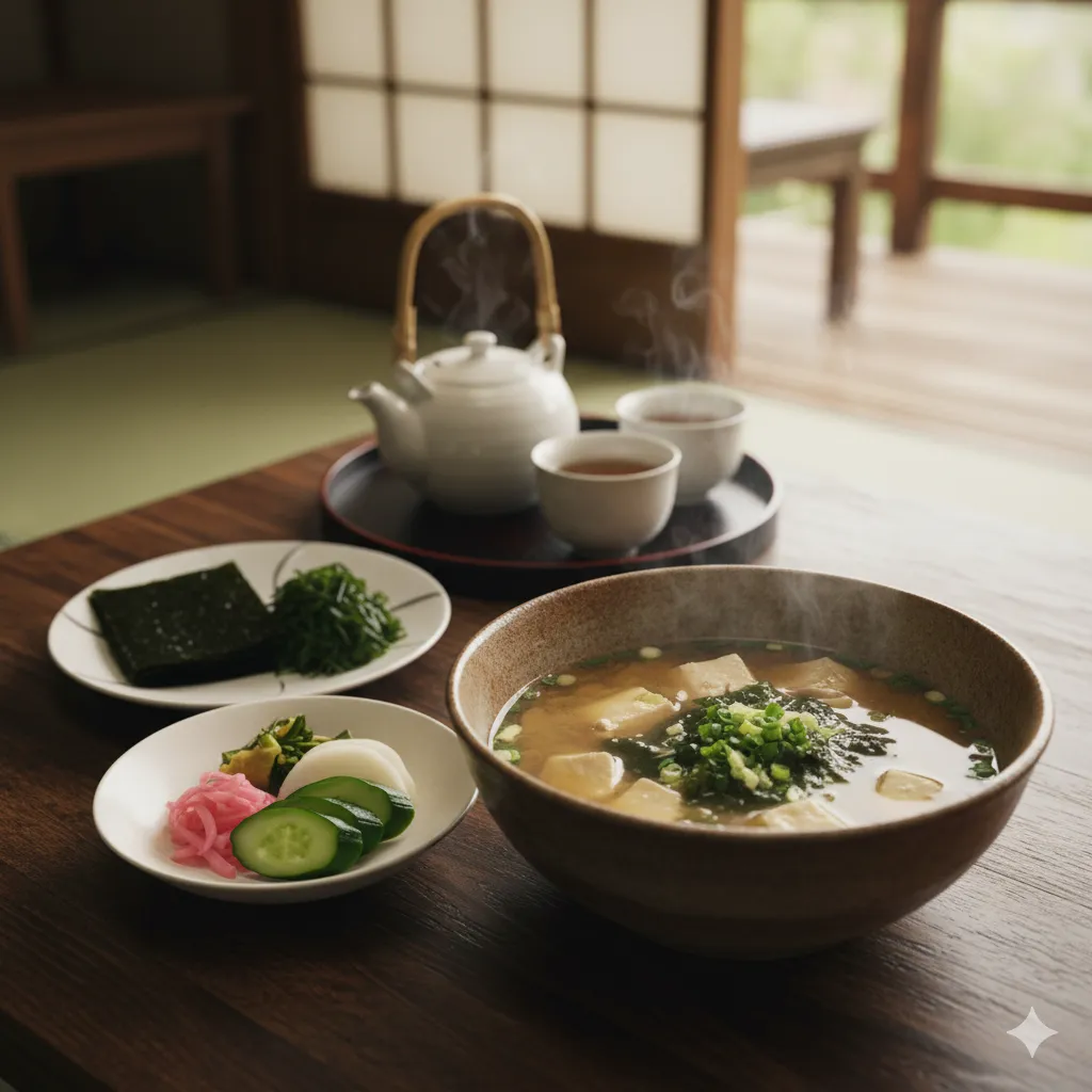 Miso çorbası, turşu sebzeler, kombu ve wakame yosunları