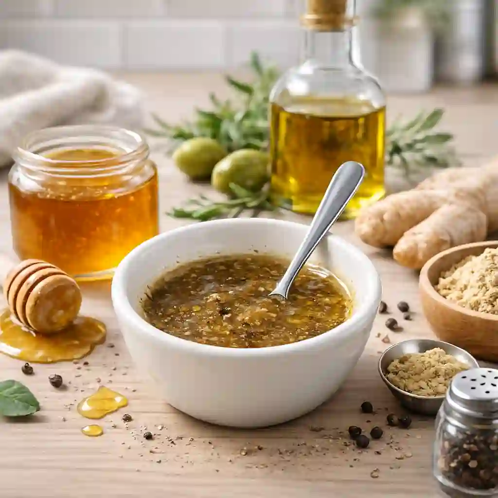 bal, zencefil tozu, karabiber ve zeytinyağı karışımı.