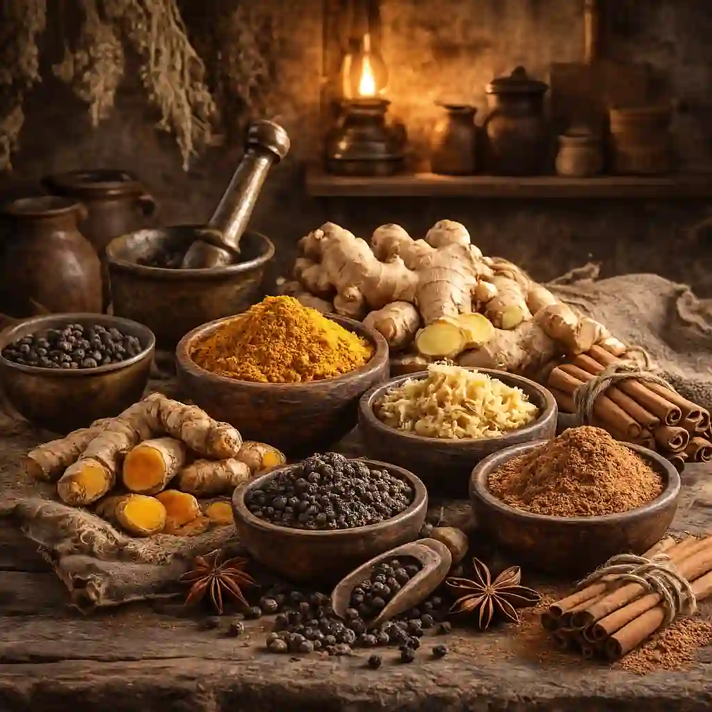 Zerdeçal, zencefil, karabiber ve tarçın