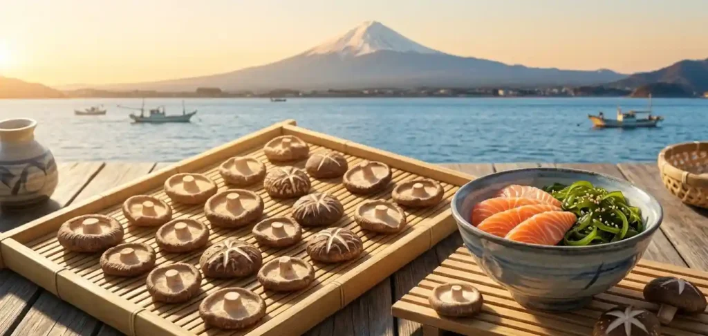 shiitake mantarları, deniz yosunu ve taze somon balığı